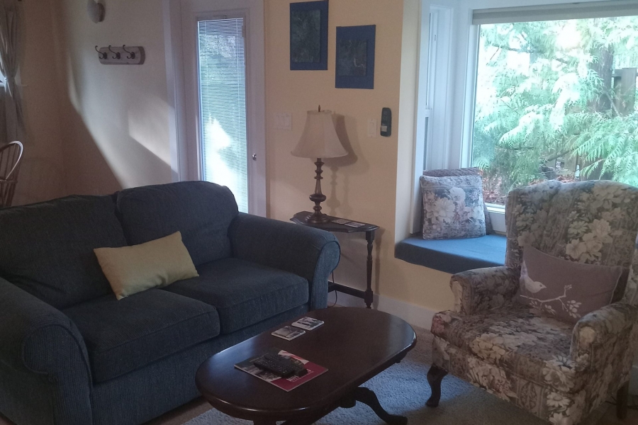 Suite sitting area with sofa, armchair and garden window